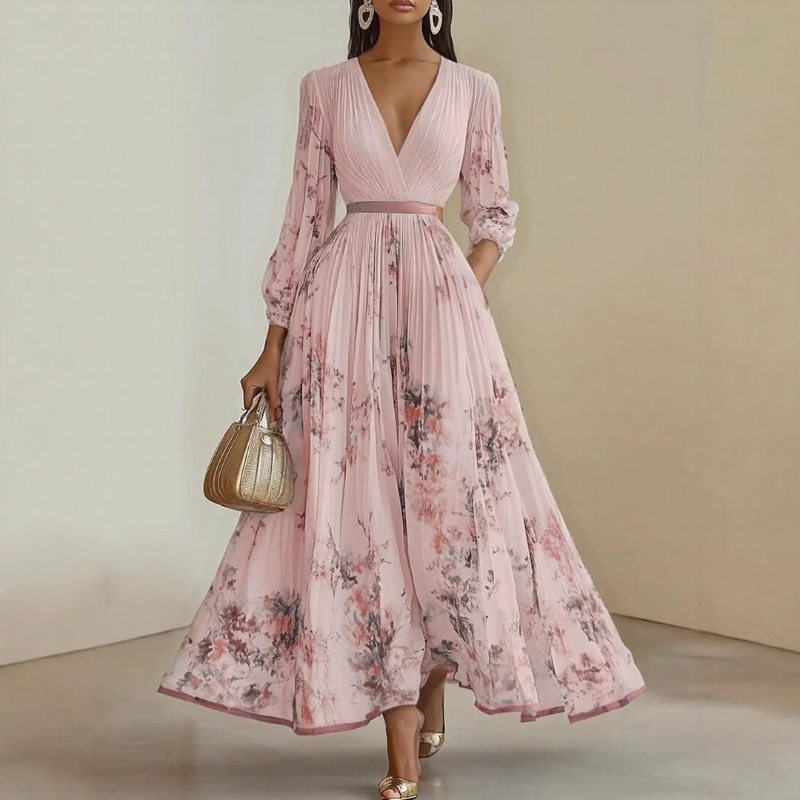 Maxi Dress | Long Sleeve, Floral Pleated Design 2