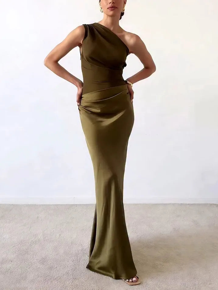 Maxi Dress | One-Shoulder Neckline, Pleated Design 1