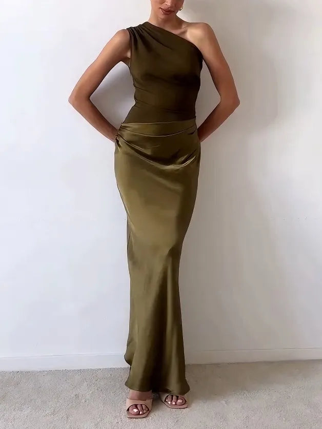 Maxi Dress | One-Shoulder Neckline, Pleated Design 7