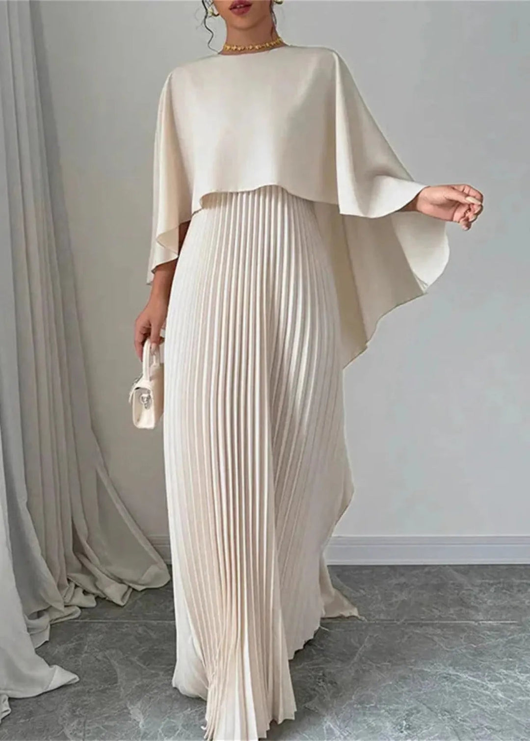 Maxi Dress | Pleated Skirt, Cape Overlay 0
