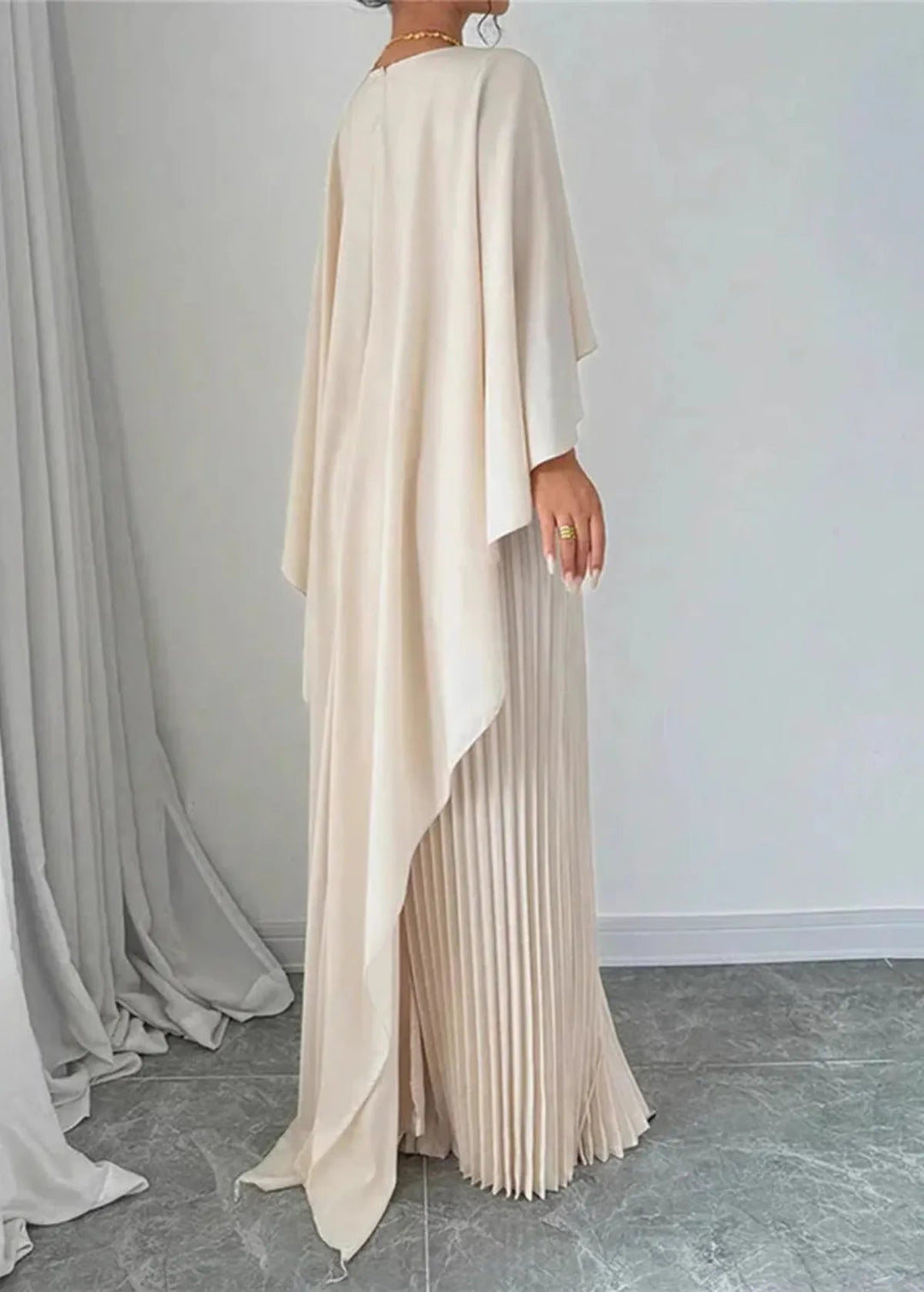Maxi Dress | Pleated Skirt, Cape Overlay 1