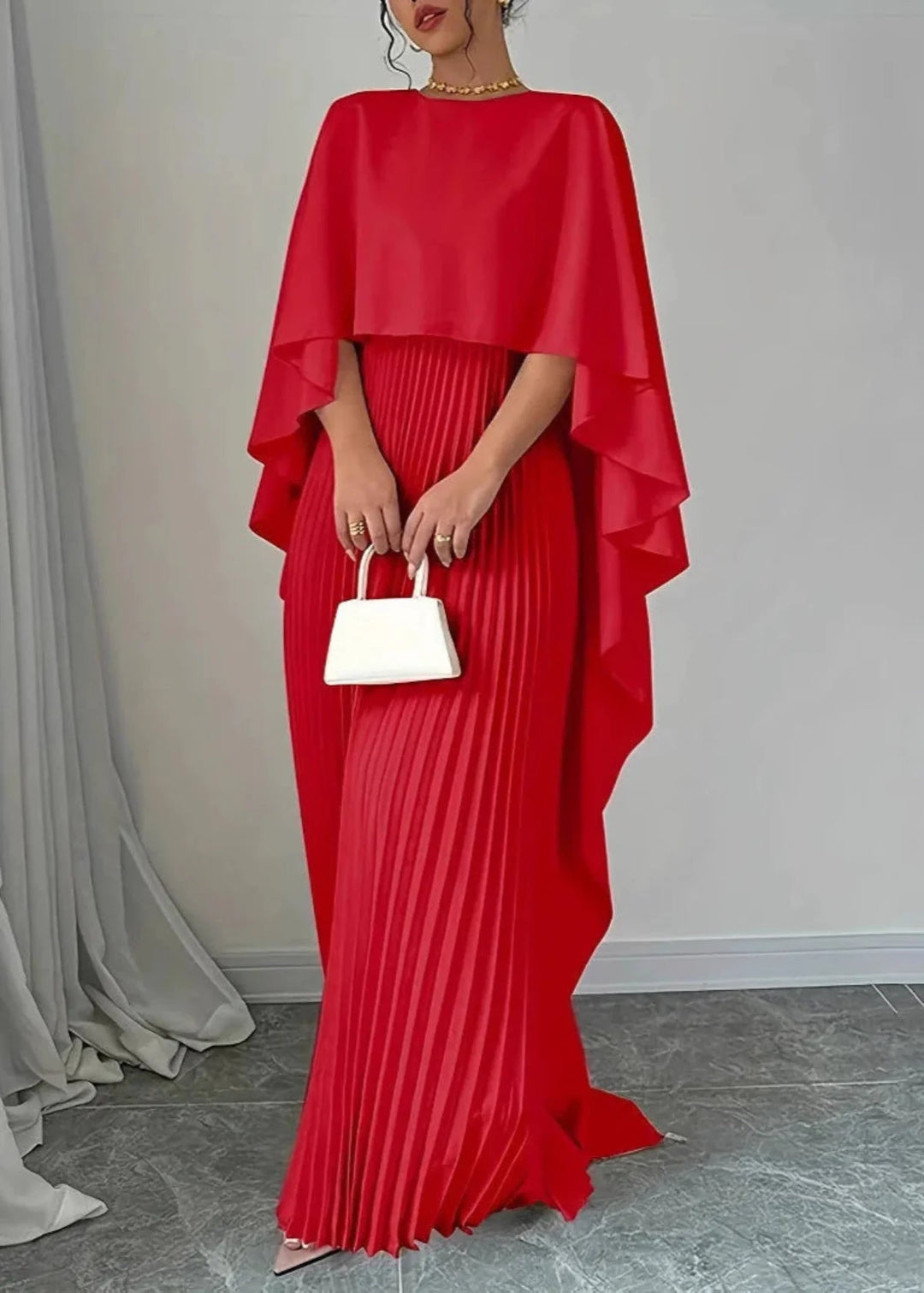 Maxi Dress | Pleated Skirt, Cape Overlay 3