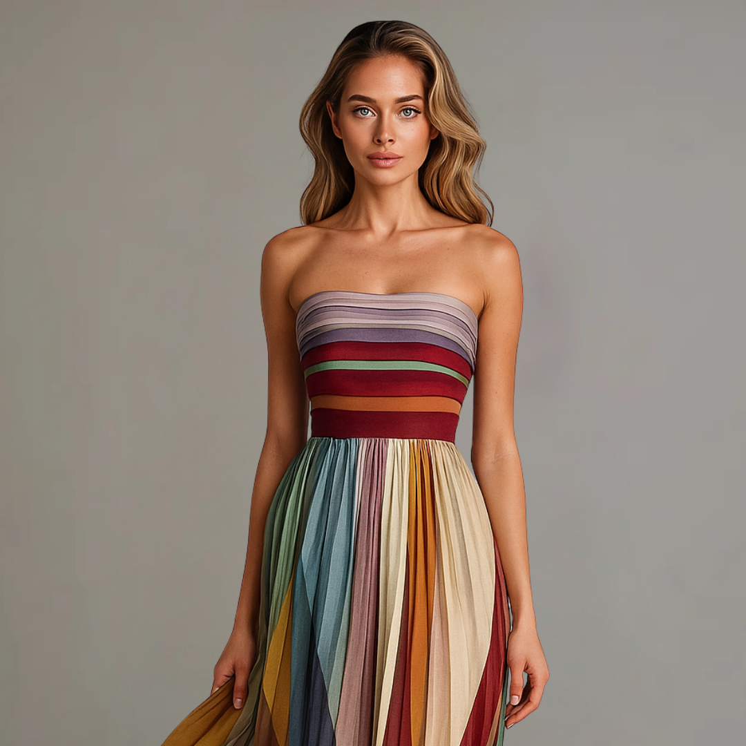 Maxi Dress | Pleated Skirt, Strapless Design 1