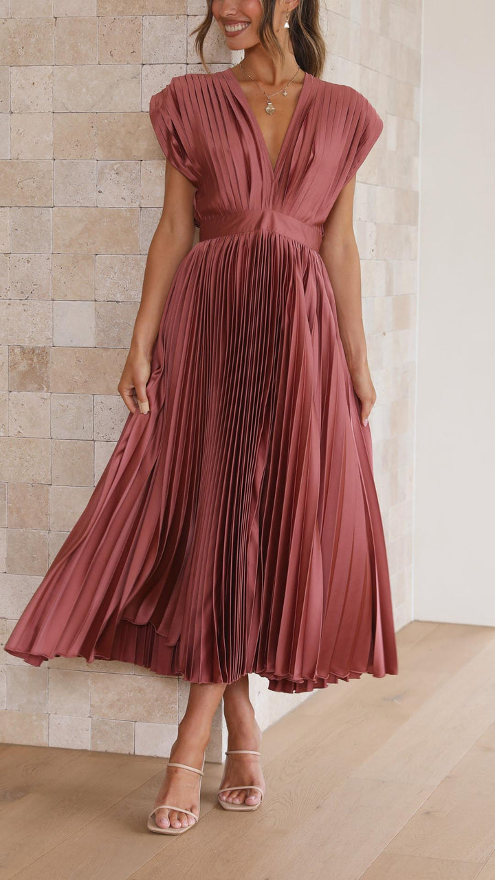 Maxi Dress | Pleated Skirt, V-Neckline 0