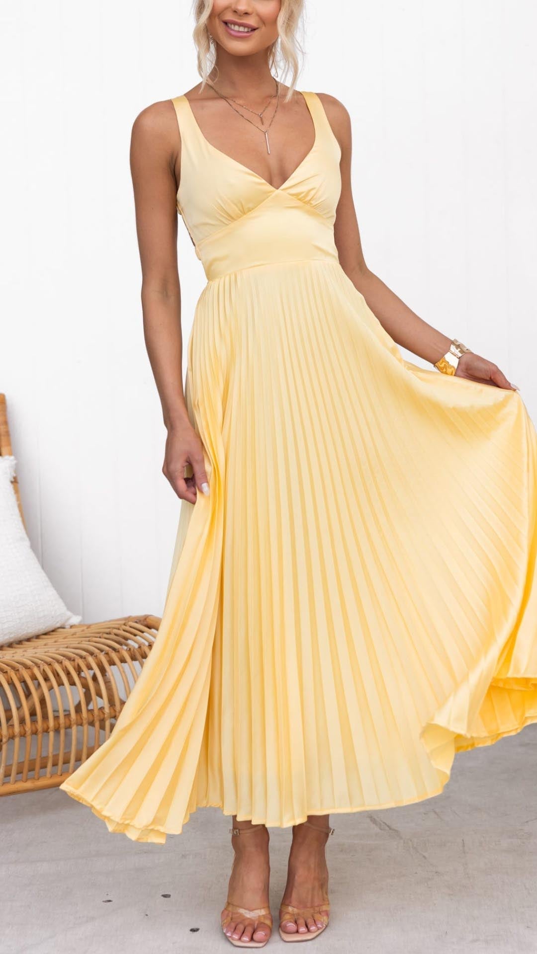 Maxi Dress | Pleated V-Neckline, Cinched Waist 0