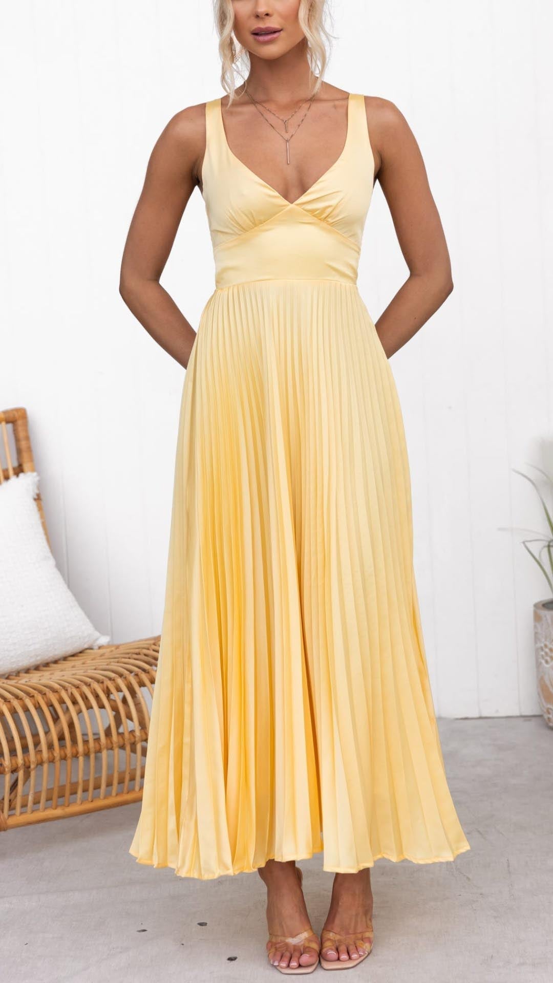 Maxi Dress | Pleated V-Neckline, Cinched Waist 1