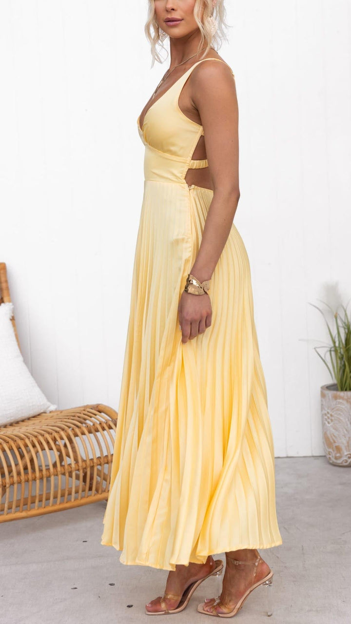 Maxi Dress | Pleated V-Neckline, Cinched Waist 2