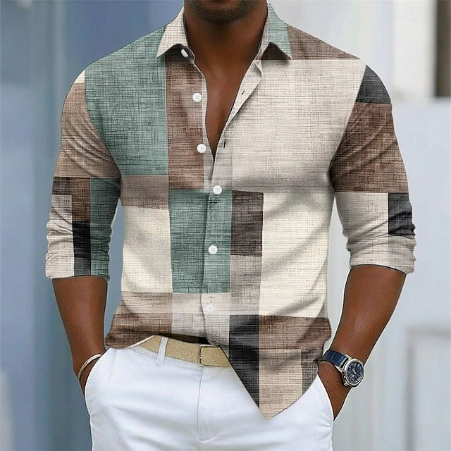 Men's Shirt | Geometric Colorblock Pattern, Long Sleeve 0