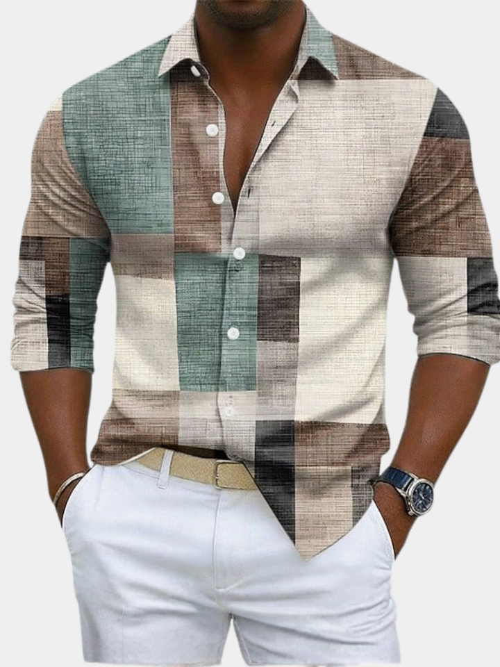 Men's Shirt | Geometric Colorblock Pattern, Long Sleeve 1