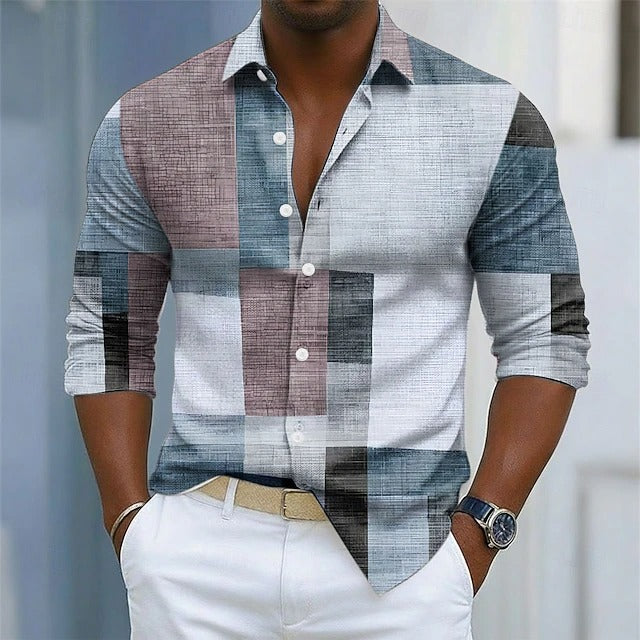 Men's Shirt | Geometric Colorblock Pattern, Long Sleeve 2
