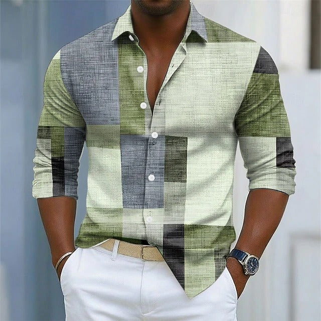 Men's Shirt | Geometric Colorblock Pattern, Long Sleeve 3