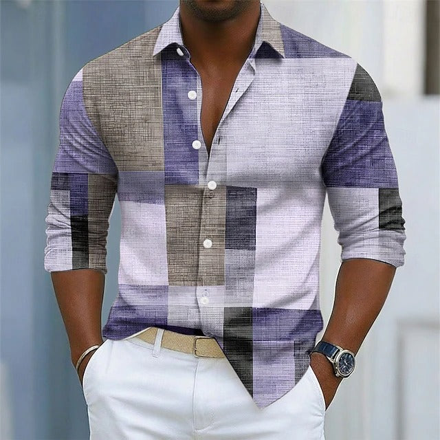 Men's Shirt | Geometric Colorblock Pattern, Long Sleeve 4