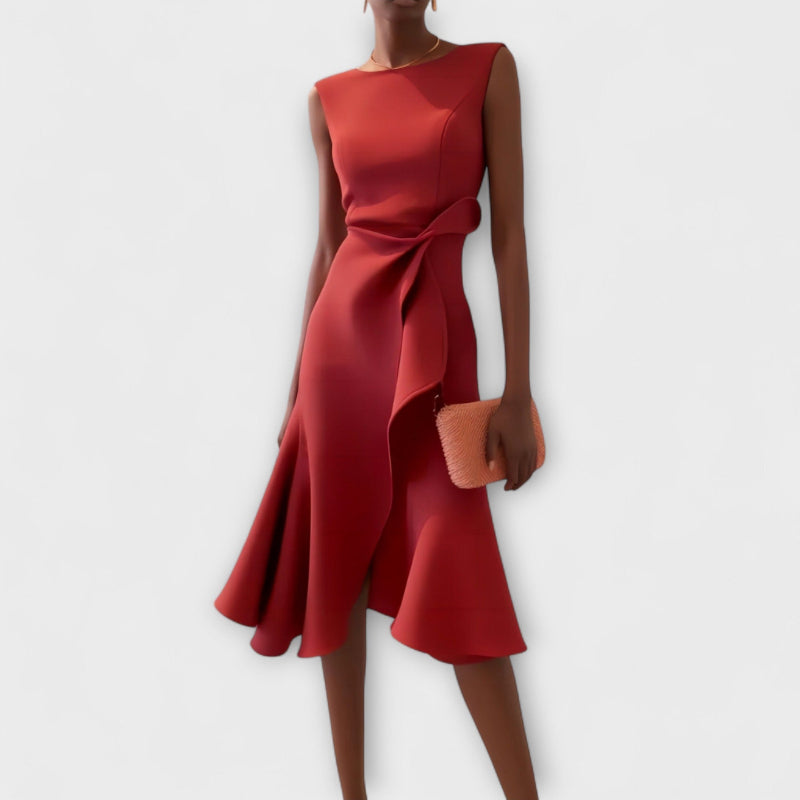 Midi Dress | Asymmetric Hem, Draped Detail 0