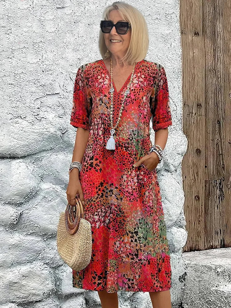 Midi Dress | Colorful Pattern, Relaxed Fit 0