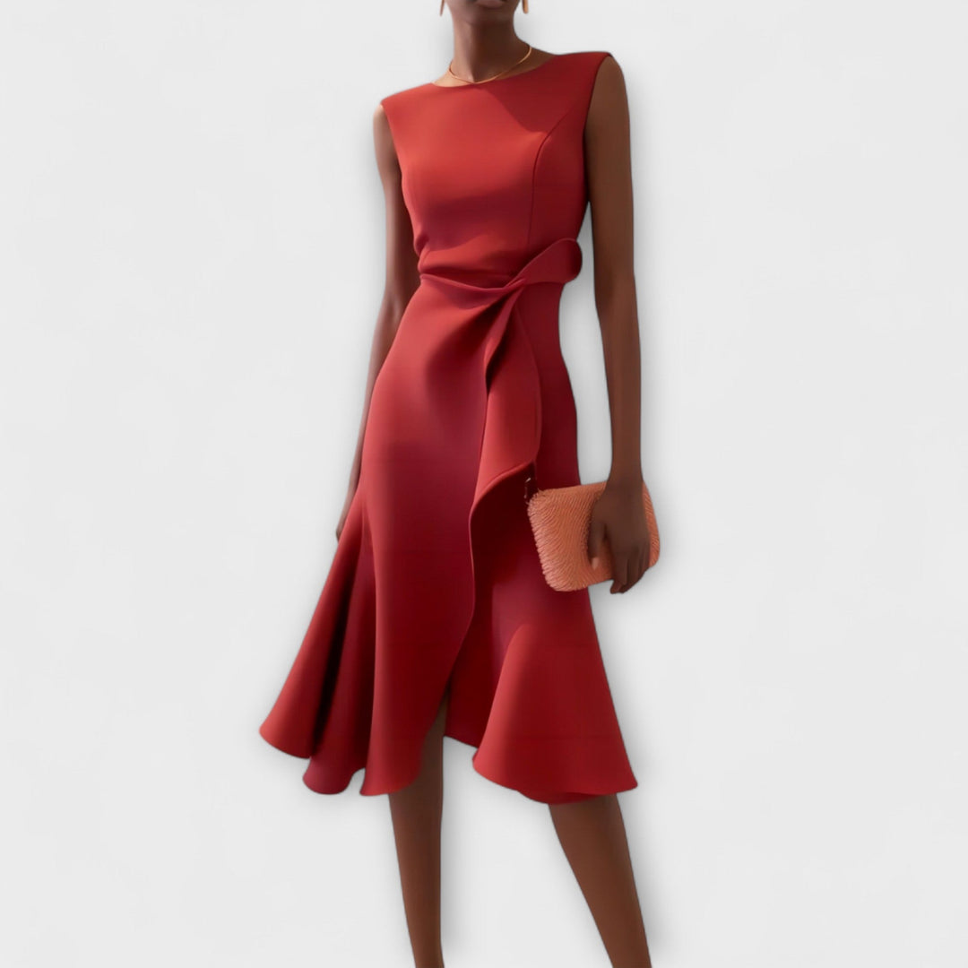 Midi Dress | Draped Asymmetric Hem, Sleeveless Design 0