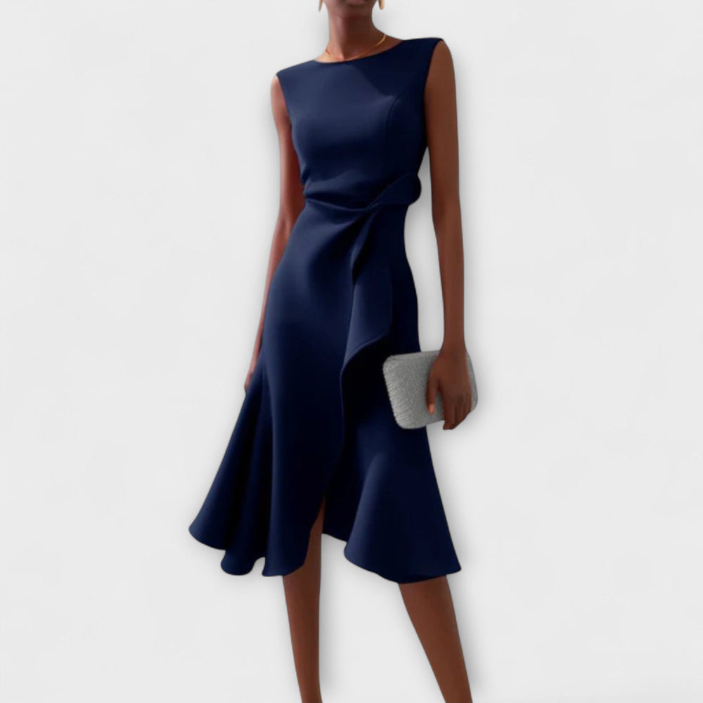 Midi Dress | Draped Asymmetric Hem, Sleeveless Design 1