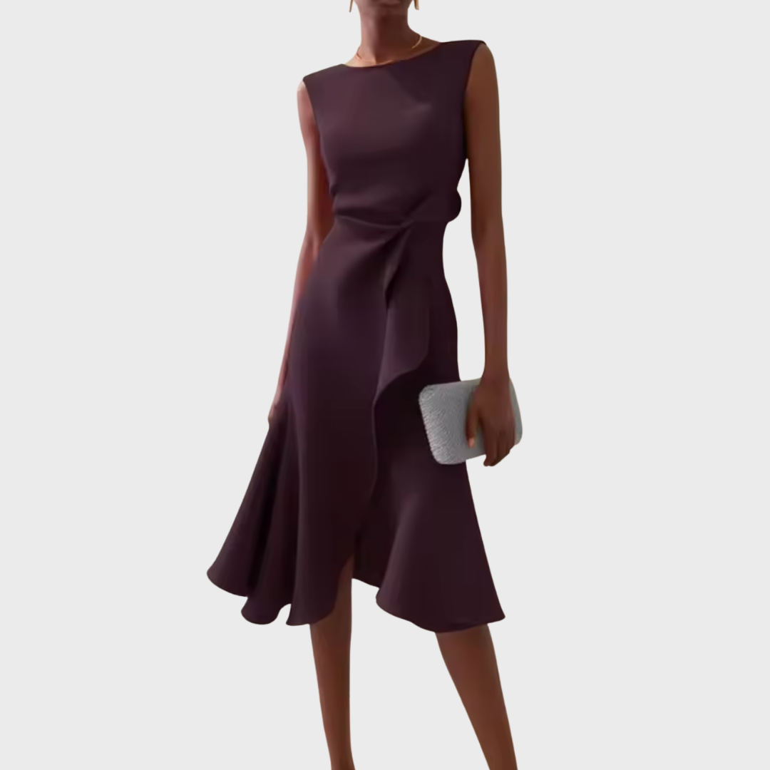 Midi Dress | Draped Asymmetric Hem, Sleeveless Design 10