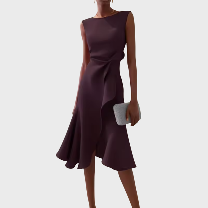 Midi Dress | Draped Asymmetric Hem, Sleeveless Design 10