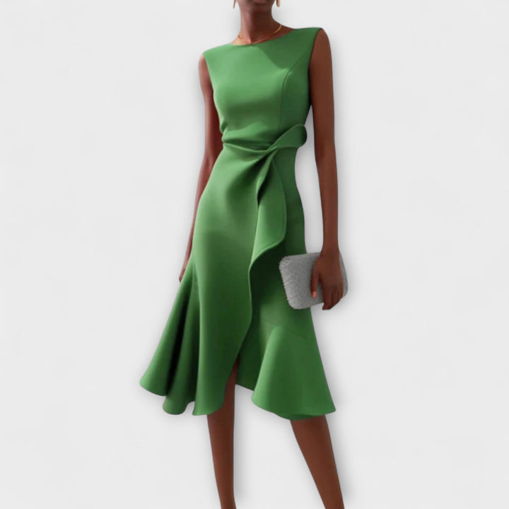 Midi Dress | Draped Asymmetric Hem, Sleeveless Design 5