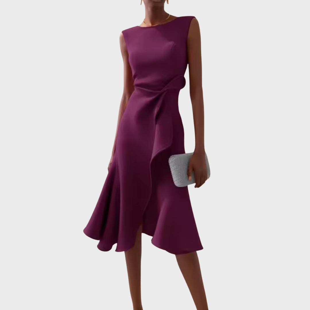 Midi Dress | Draped Asymmetric Hem, Sleeveless Design 6