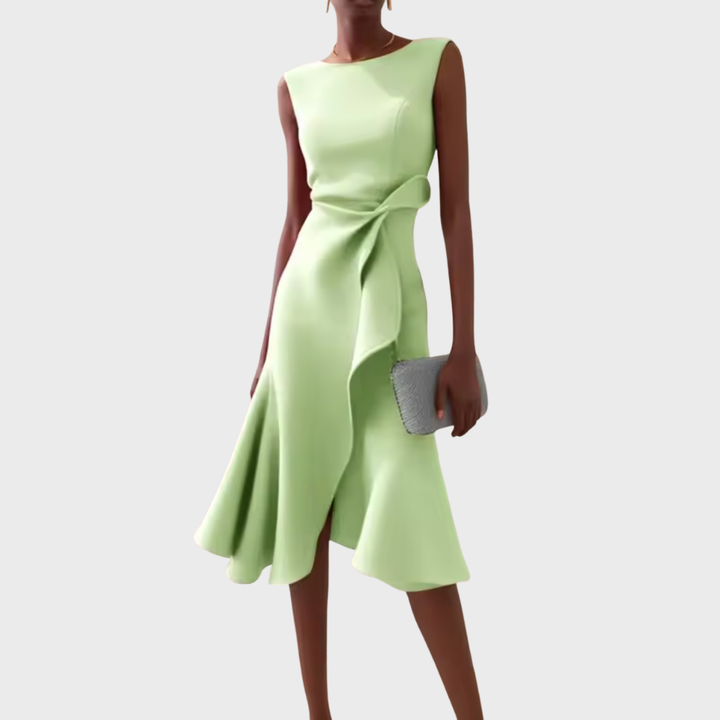 Midi Dress | Draped Asymmetric Hem, Sleeveless Design 7