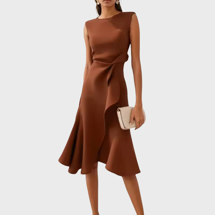 Midi Dress | Draped Asymmetric Hem, Sleeveless Design 8
