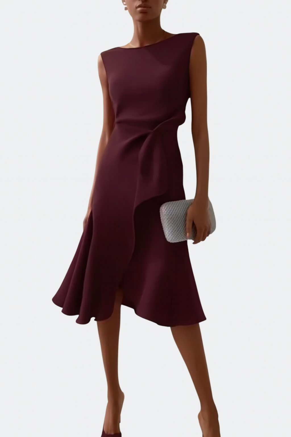 Midi Dress | Draped Asymmetric Hem, Sleeveless Design 9