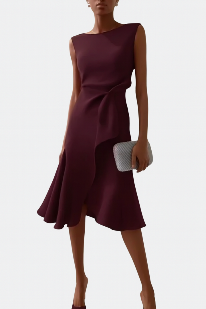 Midi Dress | Draped Asymmetric Hem, Sleeveless Design 9