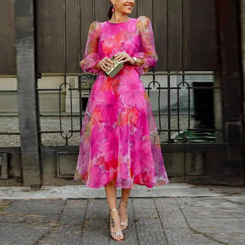Midi Dress | Floral Print, Sheer Long Sleeves 0