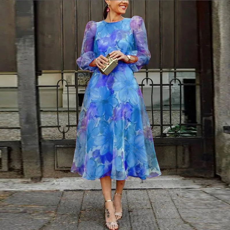 Midi Dress | Floral Print, Sheer Long Sleeves 1