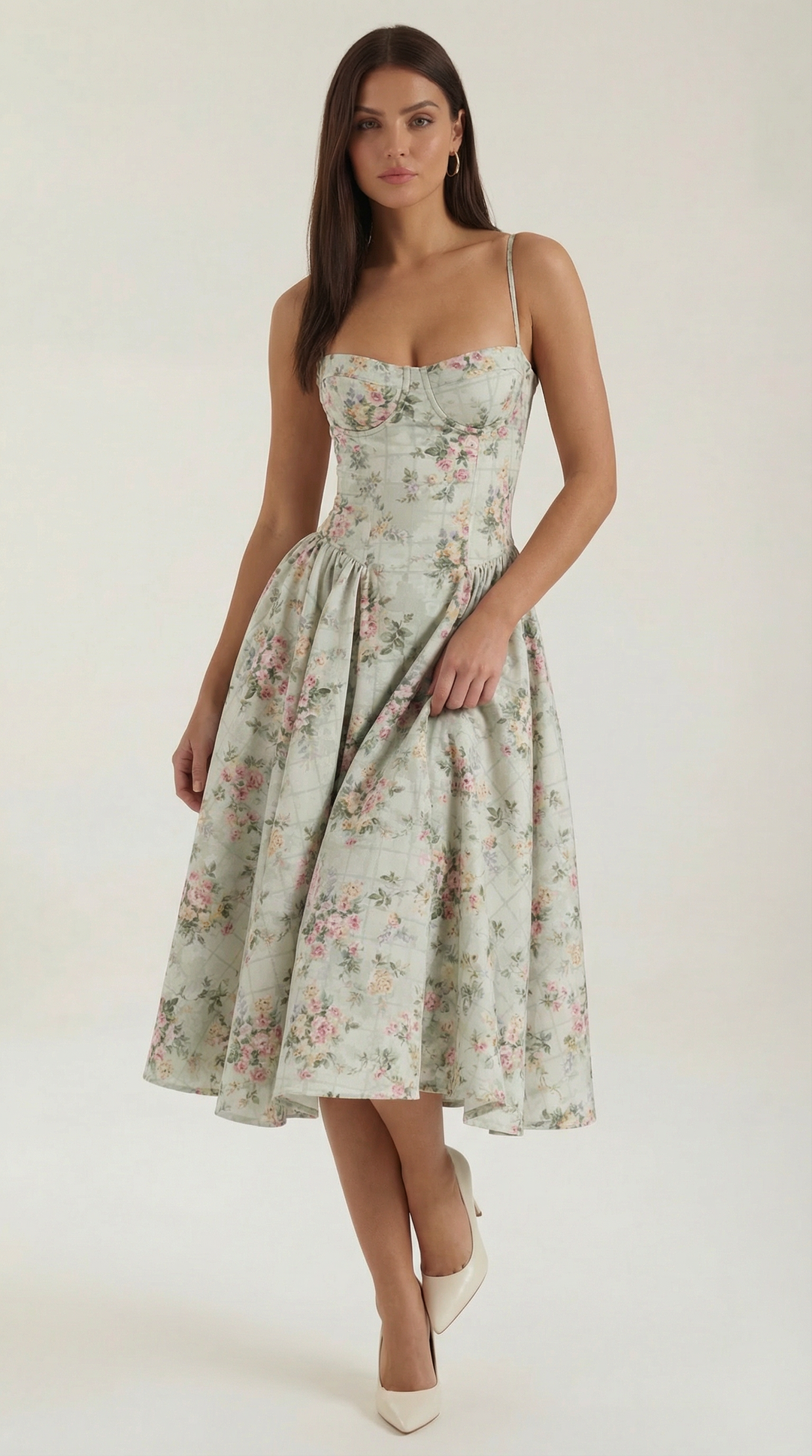 Midi Dress | Sweetheart Neckline, Floral Print 0