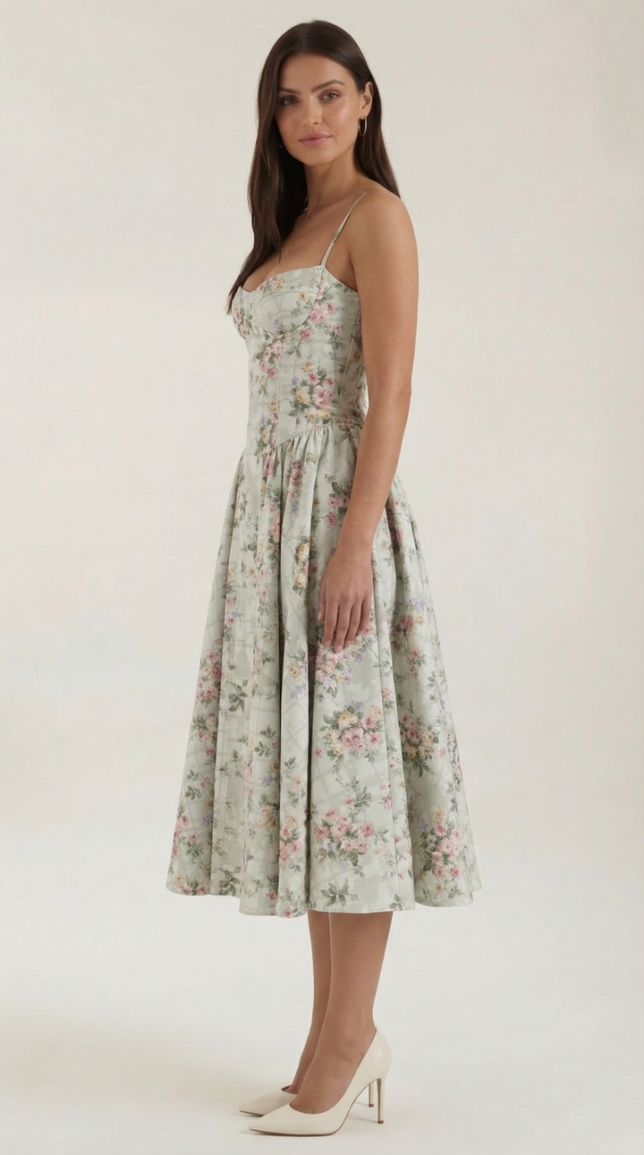 Midi Dress | Sweetheart Neckline, Floral Print 1