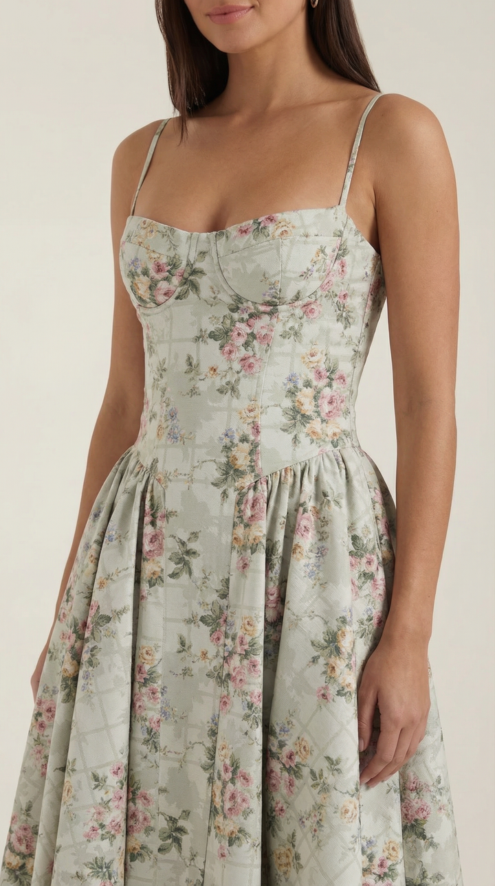 Midi Dress | Sweetheart Neckline, Floral Print 2