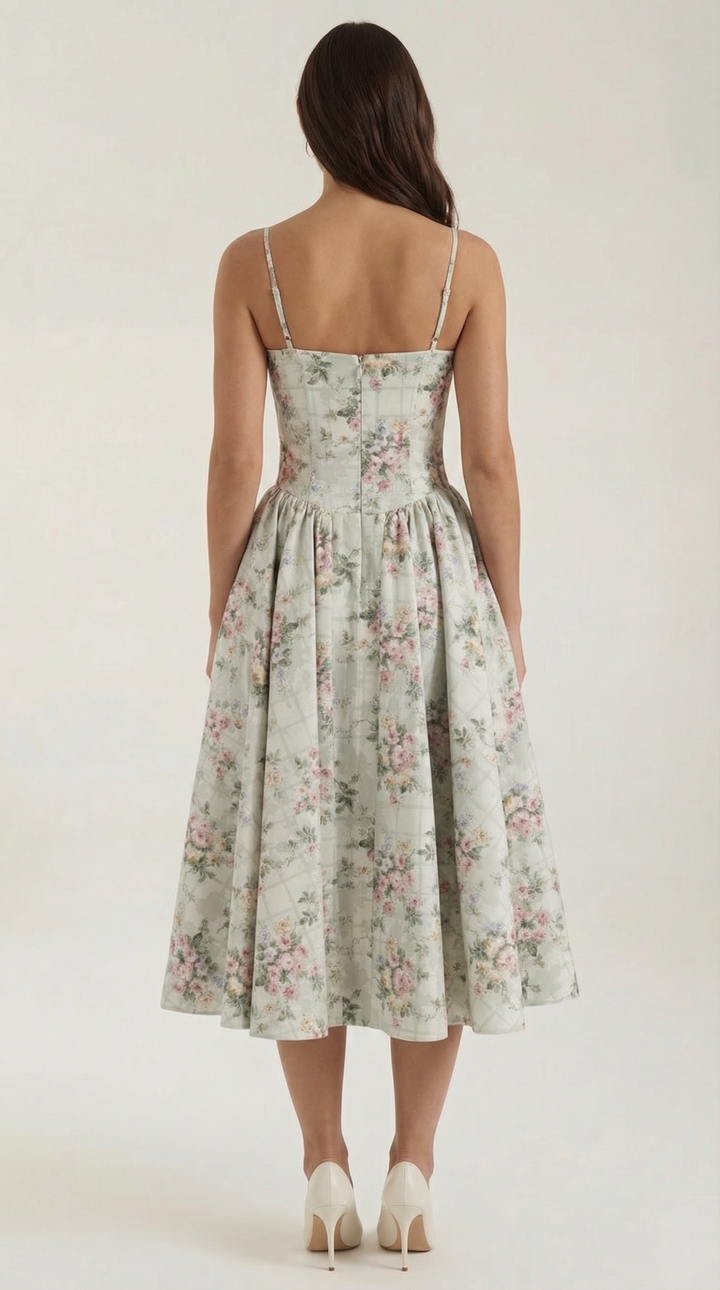 Midi Dress | Sweetheart Neckline, Floral Print 3