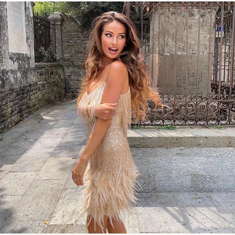 Mini Dress | Feather Accents, Chic Silhouette 2