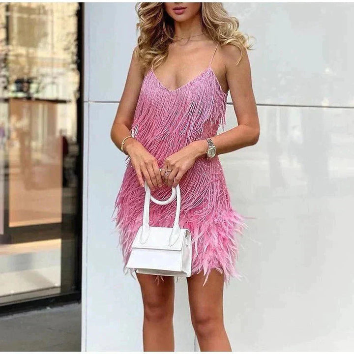 Mini Dress | Feather Accents, Chic Silhouette 6