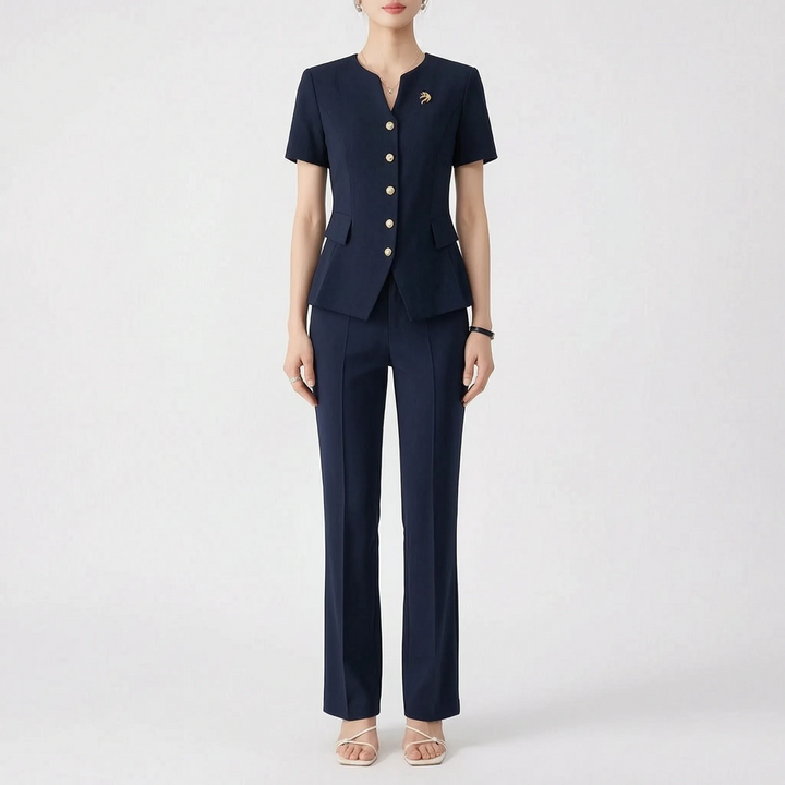 Pants Suit | Slim Fit, Peplum Hem, Collarless V-Neck 7