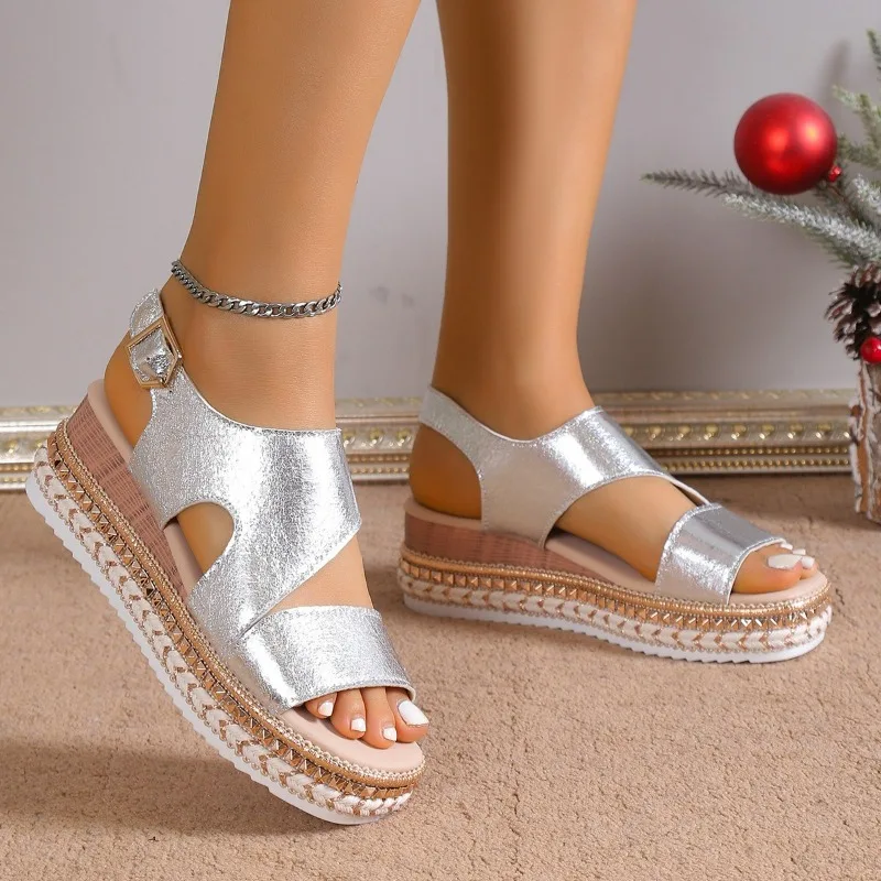 Platform Sandals for Women | Metallic Finish, Adjustable Ankle Strap 0