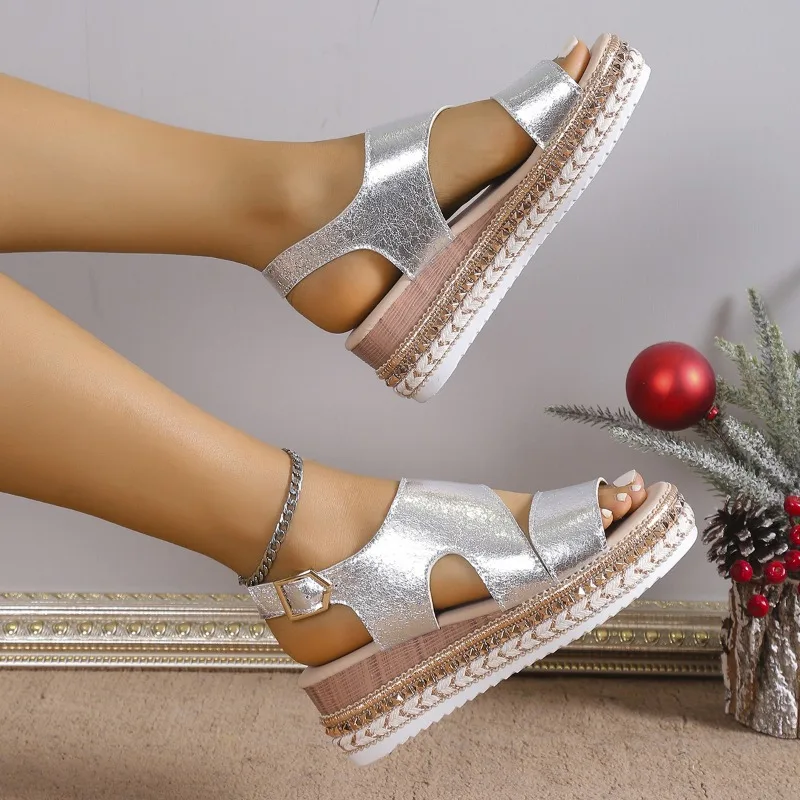Platform Sandals for Women | Metallic Finish, Adjustable Ankle Strap 2