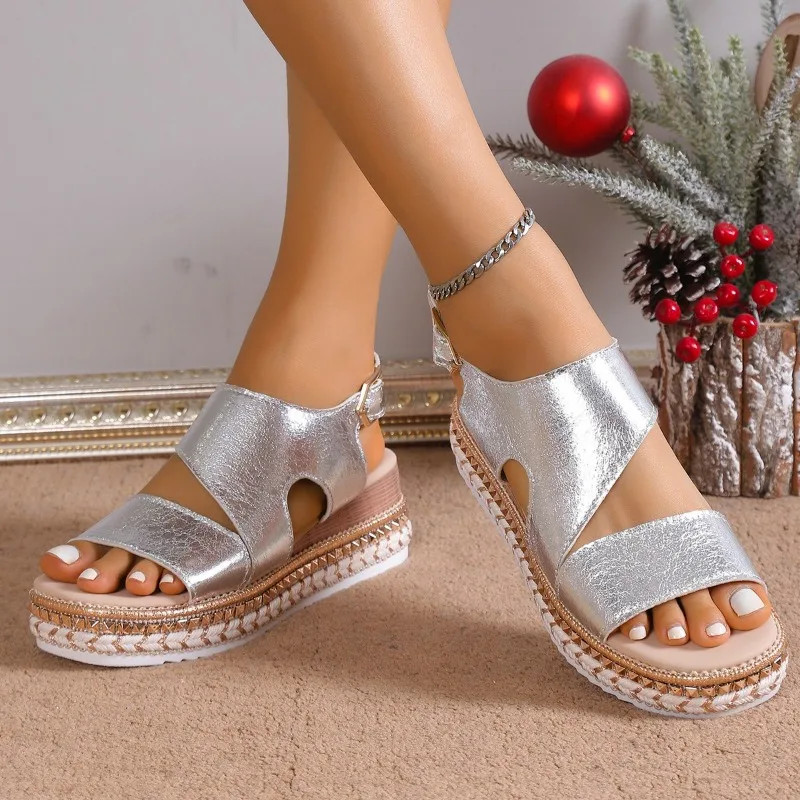 Platform Sandals for Women | Metallic Finish, Adjustable Ankle Strap 4