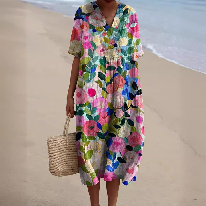 Summer Dress | Floral Print, V-Neck Design 0