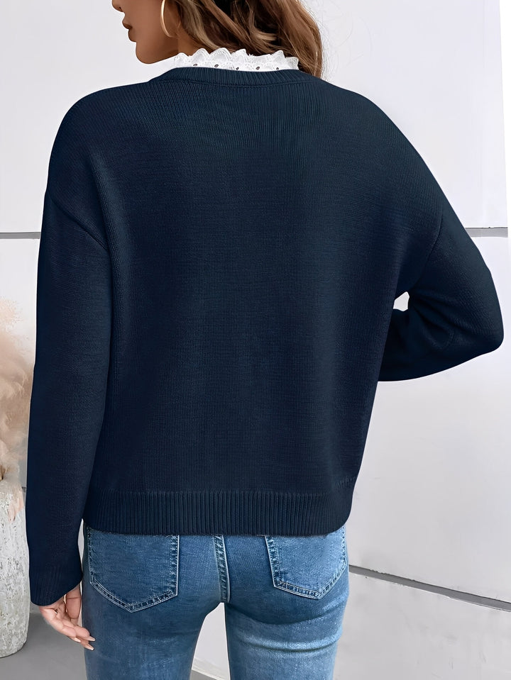 Sweater | Knitted Fabric, Lace Collar, V-Neckline 2