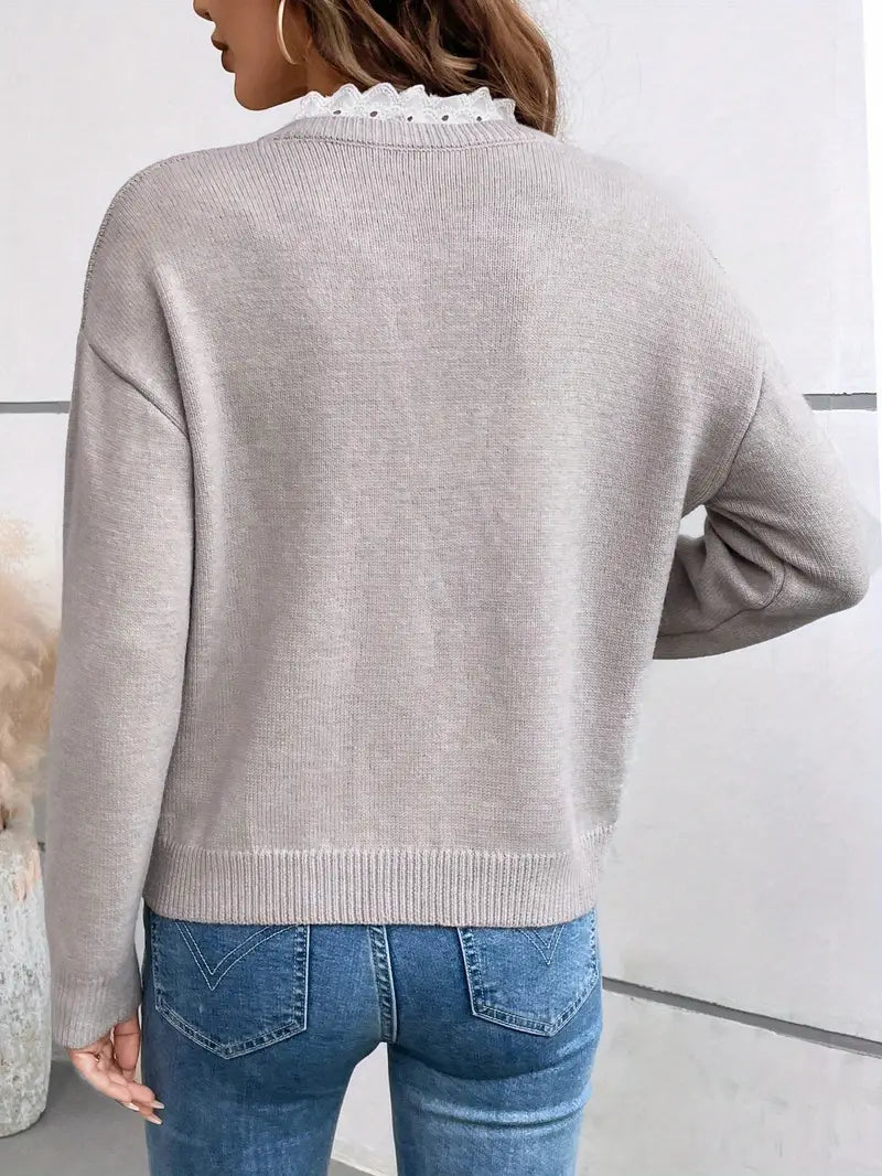 Sweater | Knitted Fabric, Lace Collar, V-Neckline 4