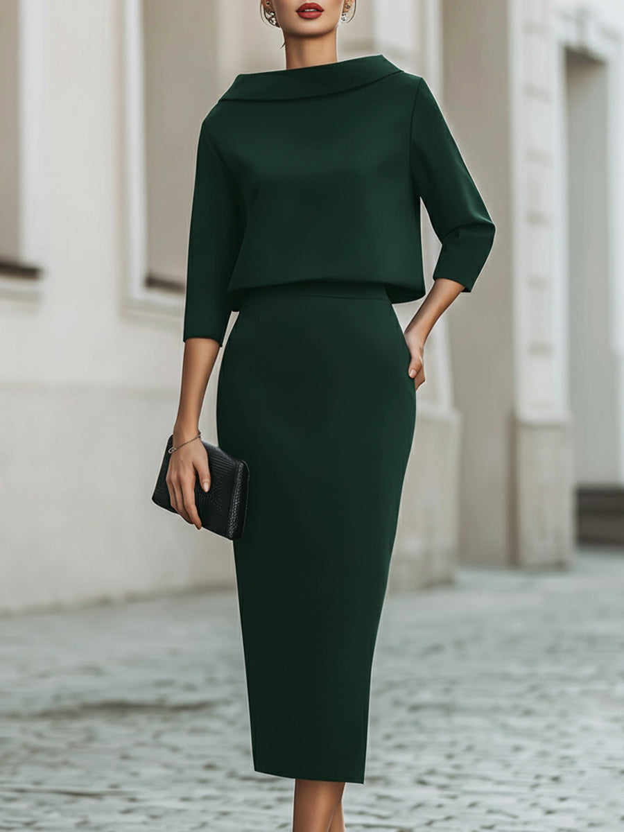 Two Piece Set | Boat Neck Top, Midi Skirt 10