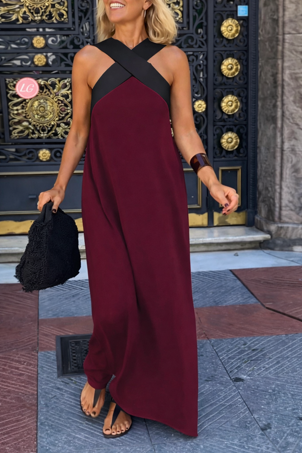 Women’s Maxi Dress with Crossed Front and Flowing Silhouette