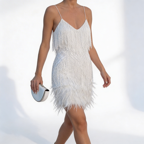 Women’s Feather Accent Mini Dress with Fitted Silhouette