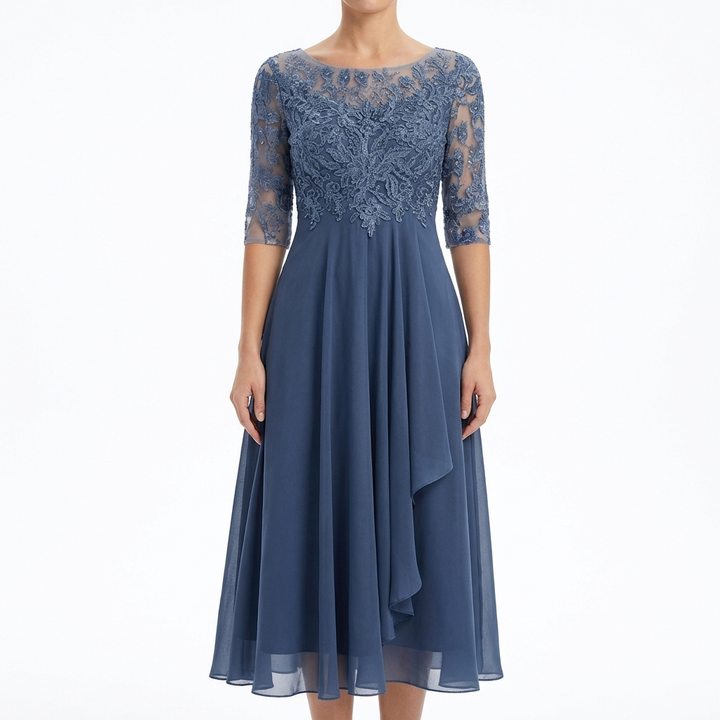 Women’s Lace Midi Dress with Layered Skirt and Fitted Bodice