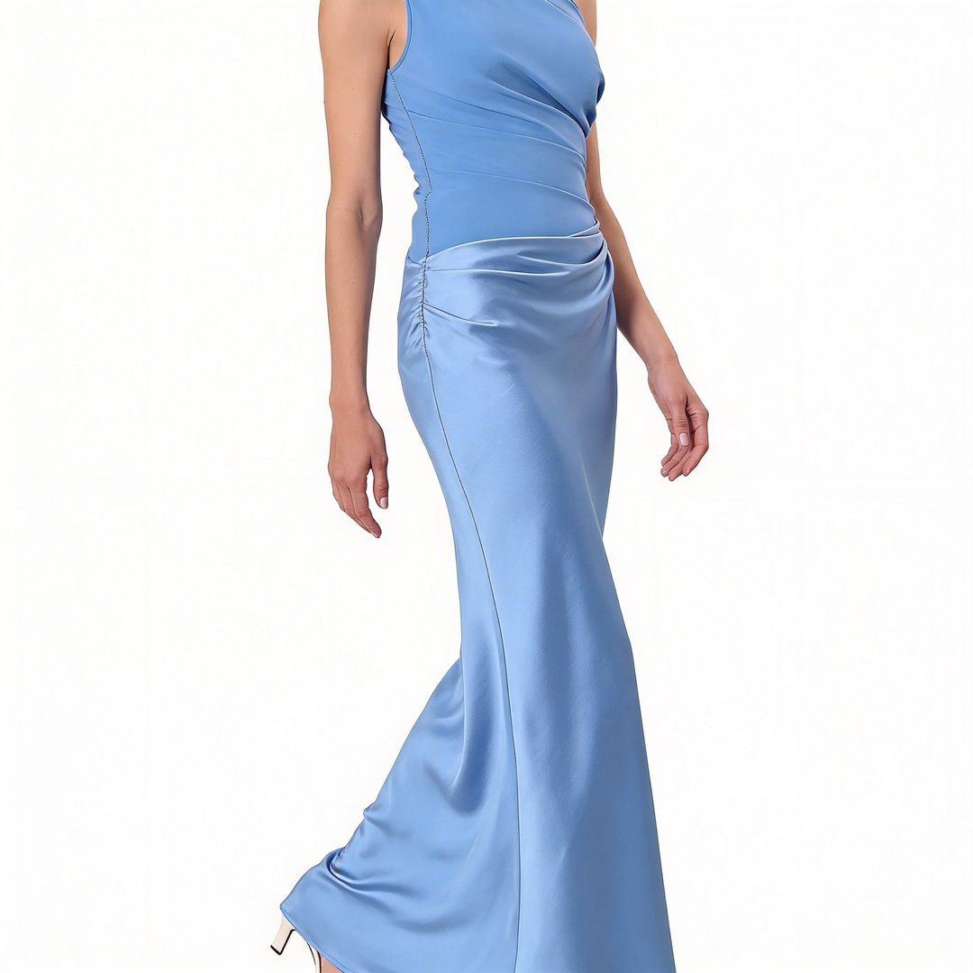 Women’s One-Shoulder Maxi Dress with Pleated Design and Asymmetric Silhouette