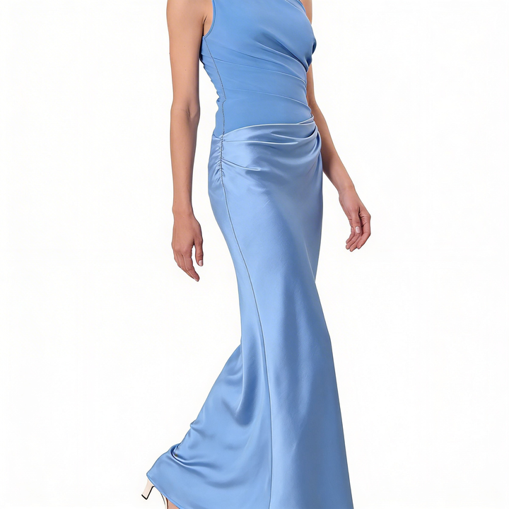 Women’s One-Shoulder Maxi Dress with Pleated Design and Asymmetric Silhouette