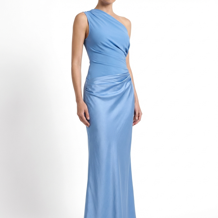 Women’s One-Shoulder Maxi Dress with Pleated Design and Asymmetric Silhouette